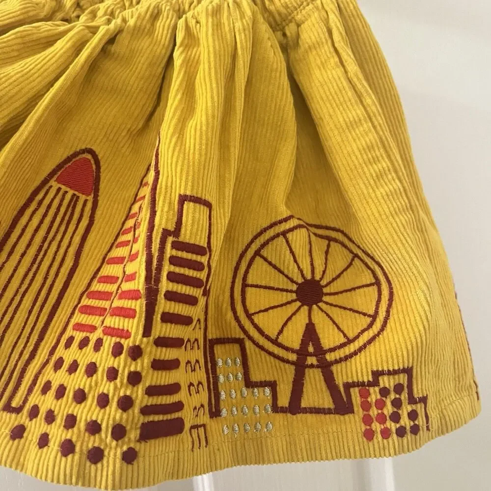 Piccolina Embroidered London Skyline Corduroy Skirt Yellow Girls Size 2T